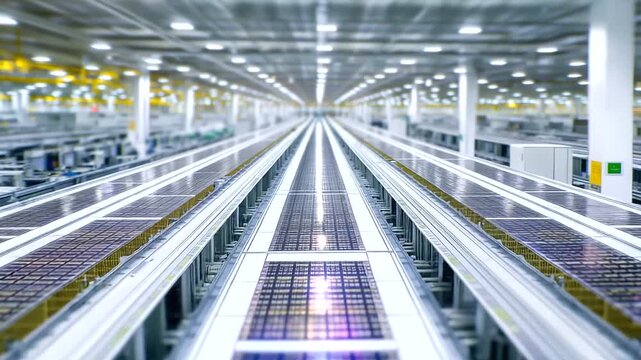 A vast semiconductor foundry is shown with multiple, parallel production lines manufacturing custom integrated circuits. The massive scale of the contract manufacturing facility fo