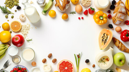 Flat lay of various healthy food items including fruits, vegetables, dairy, and grains arranged in a circular frame on a white background.