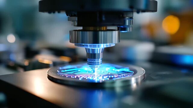 Advanced lithography equipment projects an intricate, glowing blue circuit pattern onto a silicon semiconductor wafer. This cutting-edge photolithography technology operates in a c