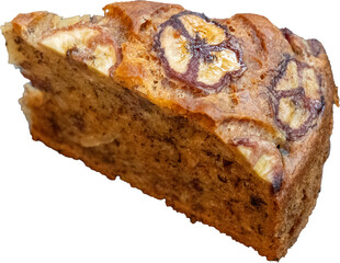 Delicious slice of banana bread with golden banana slices on top.