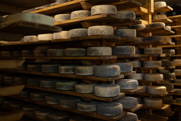 A large wooden rack filled with wheels of artisan cheese aging in a ripening cellar. The image captures the process of traditional food production.