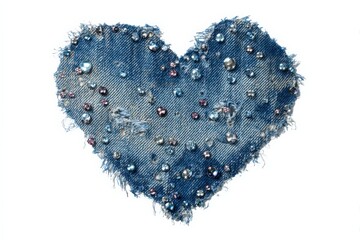 Denim heart with teddy bear face applique and frayed texture, cute textile patch illustration in cozy blue tones on white background