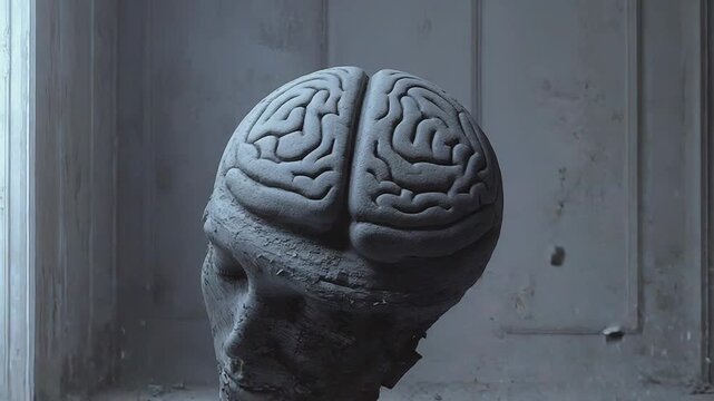 Human head exploding showing brain in a decaying room