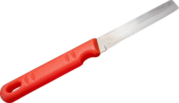 Close-up of a kitchen knife with a red handle and stainless steel blade.