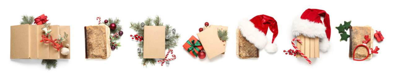 Set of many books and Christmas decorations on white background, top view