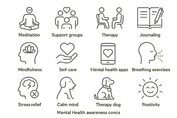 Mental Health Awareness Icons: Meditation, Therapy, Mindfulness, Self-Care, Support Groups

