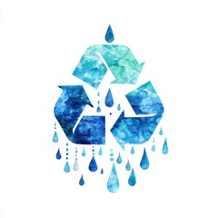 A striking design featuring a recycling symbol made of various shades of blue. Water droplets cascade from the symbol, highlighting the importance of water conservation and environmental awareness.