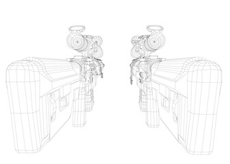 Modern sniper rifle 3D model blueprint with intricate wireframe lines and realistic curves on a clean white background.