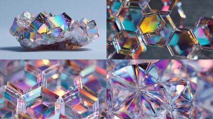 Irridescent crystal cluster close-ups, multifaceted facets