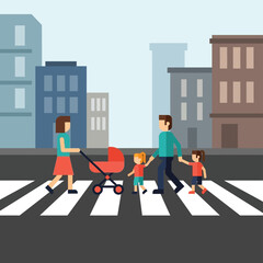Family Crossing the Street with a Stroller Safety and Togetherness in the City