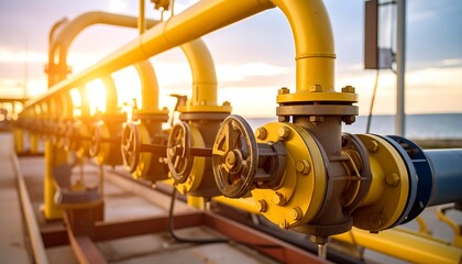 Obraz premium Industrial pipeline system with valves, outdoors. Bright sunlight, near water