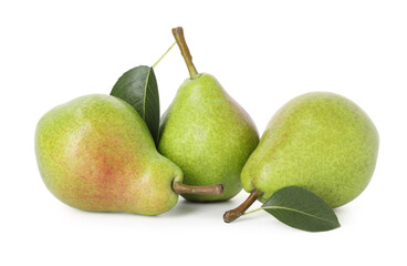Three whole ripe pears isolated on white