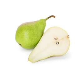 Whole and cut ripe pears isolated on white