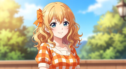 Sunny schoolgirl in orange check dress smiling beneath cherry blossom trees, springtime campus portrait, vibrant anime-style scenery