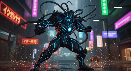 Futuristic cybernetic warrior in glowing neon battle suit sprinting through rain-soaked neon city streets, high-energy sci‑fi action illustration