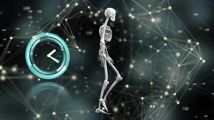 Animation of moving clock over black background with human skeleton and network of connections - Powered by Adobe