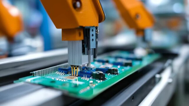 An automotive electronics assembly line produces control modules and infotainment systems. The high-tech component manufacturing for modern vehicles is shown with robotic arms plac