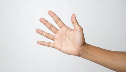 A light-skinned hand with five fingers outstretched against a plain white background.  The hand is positioned in a gesture of greeting or welcome