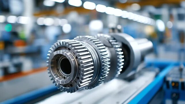 An automotive transmission assembly line features precision gear machining and automated testing systems. The complex drivetrain component manufacturing is shown in a clean, high-t