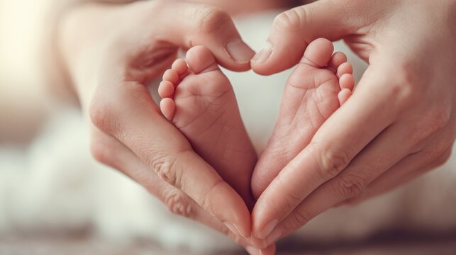 Hands forming heart shape around newborn baby feet symbolizing love family care bond - Powered by Adobe