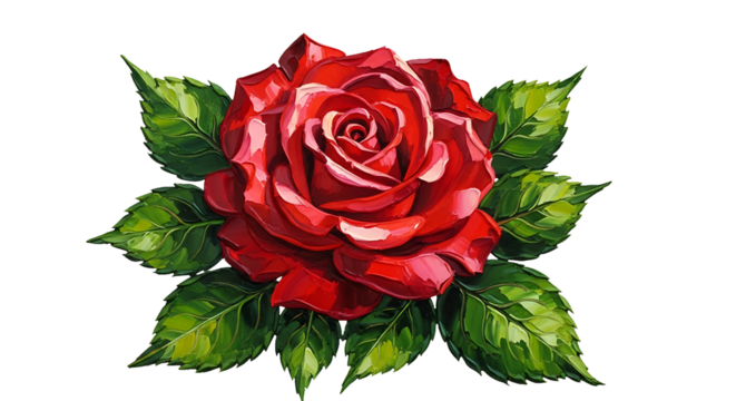 A vibrant red rose with lush green leaves, symbolizing love and beauty, captured in a detailed illustration - Powered by Adobe