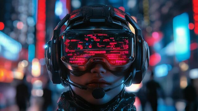 Cyberpunk girl wearing a futuristic headset and visor in a neon lit city