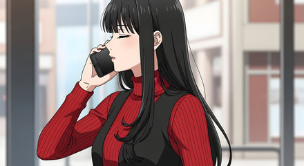 Calm woman speaking on smartphone in soft-lit interior, contemplative candid portrait with red turtleneck, modern everyday lifestyle illustration
