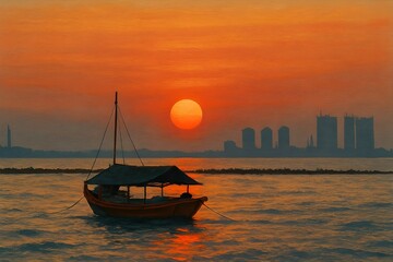 Naklejka premium Photo illustration of a sea view at sunset. There is a small wooden boat sailing.