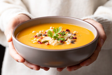 Butternut squash pumpkin soup in a bowl holding by hand, Homemade food in autumn season
