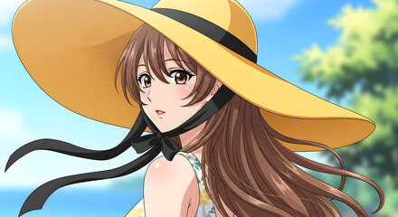 Smiling sunhat woman at tropical beach with breeze-blown hair and bright blue sky, cheerful summer portrait, anime-style travel illustration