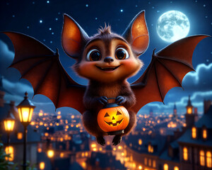 Fototapeta premium A cute little bat is flying over the night city with a Halloween lantern in her paws. 