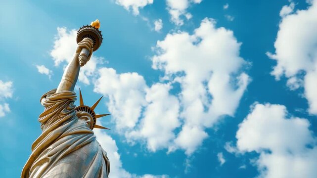 Statue of Liberty with its torch raised against bright, cloudy sky