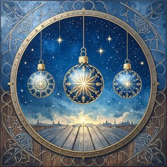 Christmas ornaments, night sky, wooden walkway