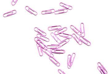 Purple paper clips on white background