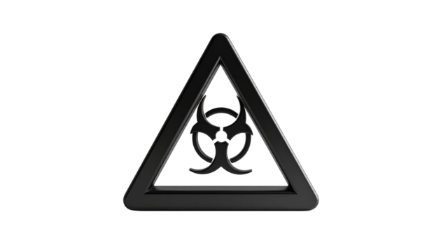 Three-dimensional matte black universal hazard warning symbol on a stark white studio background with ample copy space, professionally lit for a clear concept of caution and safety Png format