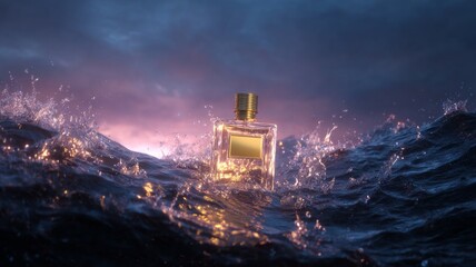 Fototapeta premium Luxurious perfume bottle amid ocean waves. Neural network AI generated