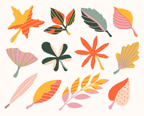 Colorful hand-drawn autumn leaves set. Decorative seasonal fall clipart collection in warm tones with playful shapes and textures for cards, posters, packaging, textiles, stickers, invitations, etc.