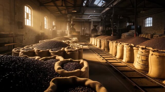 Interior view of a coffee bean factory with burlap sacks and coffee roasting equipment, bathed in warm light, showcasing food industry and coffee concept.