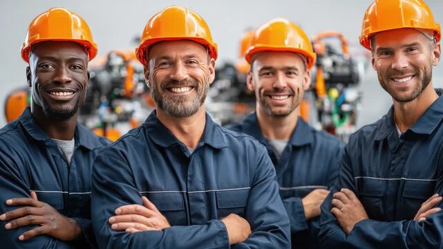 Engineering Teamwork: A group of skilled engineers, dressed in protective gear, stands proudly with arms crossed, exuding competence and confidence, ready for a day of innovation.