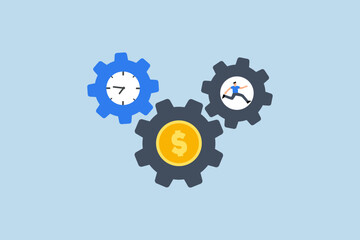 Effort and time to make money, entrepreneur sprinting intensely within gear mechanisms to rotate time and currency wheels