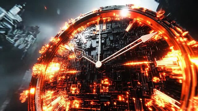 Burning clock showing time passing quickly in abstract technological world