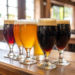 Selection of craft beers in glasses on a bar