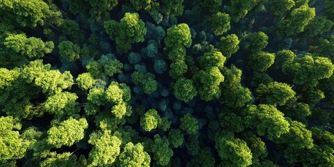 Naklejka premium A vibrant green canopy stretches across the horizon with a variety of tree types creating a lush, dense forest. This aerial perspective showcases the rich foliage under clear midday skies.
