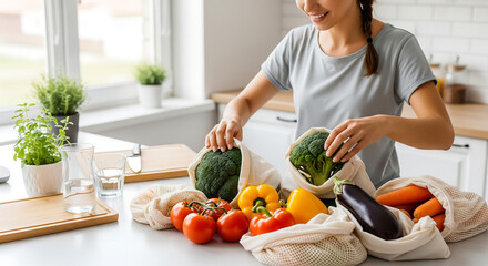 Eco-Friendly Shopping: Smiling Woman Unpacking Fresh Vegetables in Reusable Mesh Bags in a Bright Kitchen