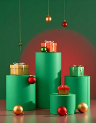 Christmas presents on green pedestals