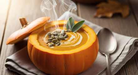 Deliciously Warm Pumpkin Soup Served in a Hollowed Pumpkin Bowl With Cream Swirls and Pumpkin Seeds A Cozy Autumn Comfort Food