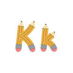Creative letter K in yellow pencil style. Vector alphabet design.