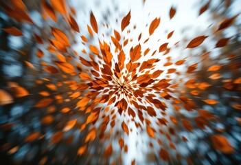 A vortex of falling orange leaves with a blurry background
