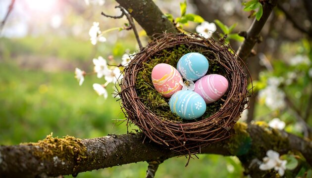 Pastel Easter eggs in a bird's nest