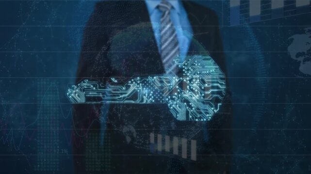 Animation of digital key over caucasian businessman using touchscreen